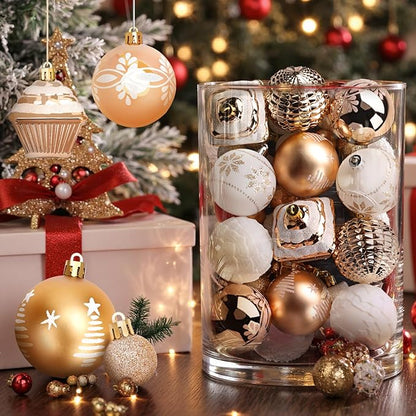 DeckTheHalls 42 Pcs Christmas Ornaments, Various Styles of Christmas Ball Ornaments, Shatterproof Christmas Balls for Holiday Xmas Tree Decor, Hanging Ornament for Indoor Decoration (Gold & White)