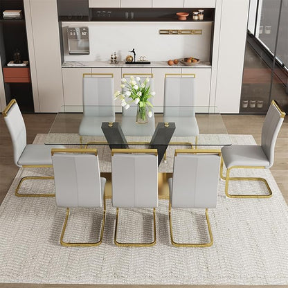 Glass Dining Table Set for 8, 71" Modern Dining Table Set for 8, Dining Tables and 8 PU Chairs, Dining Room Table Set for 8 for Home