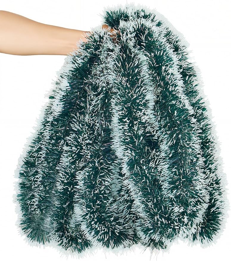 Lush Christmas Tinsel Garland, Dark Green & White Radiant Metallic Twist Streamers for Holiday Decor, Plush & Full Xmas Tree Garland for an Elegant Festive Atmosphere, Indoor & Outdoor Party Supplies