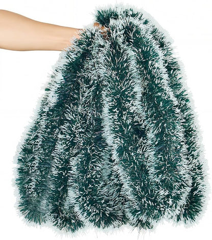 Lush Christmas Tinsel Garland, Dark Green & White Radiant Metallic Twist Streamers for Holiday Decor, Plush & Full Xmas Tree Garland for an Elegant Festive Atmosphere, Indoor & Outdoor Party Supplies