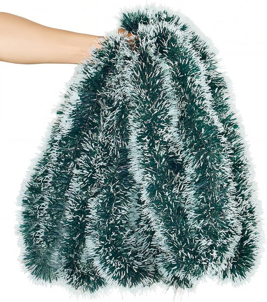 Lush Christmas Tinsel Garland, Dark Green & White Radiant Metallic Twist Streamers for Holiday Decor, Plush & Full Xmas Tree Garland for an Elegant Festive Atmosphere, Indoor & Outdoor Party Supplies