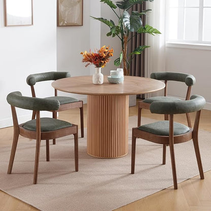 Wood Dining Chairs Set of 6, Mid Century Modern Living Room Chairs with Unique Curved Open Back Comfy Upholstered Side Chair for Kitchen/Restaurant/Reception, Faux Leather Green