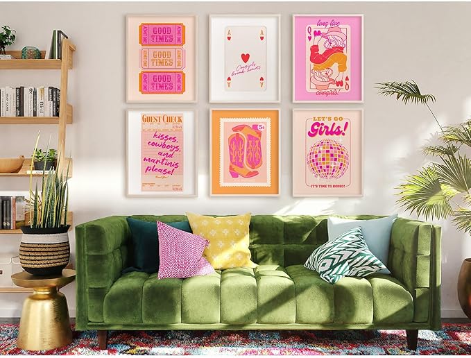 Hot Pink Wall Art Decor Trendy Aesthetic Pictures Preppy Funky Wall Art Poker Retro Poster Orange Vintage Canvas Hot Pink Artwork Western Prints Cowgirl Painting Dorm Room 12x16 Inch Unframed Set of 6