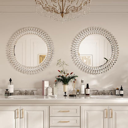 Kelly Miller Jeweled Mirror for Wall Mirror, 28 Inch Round Luxury Mirror with Sparkling Diamonds Beveled Modern Wall Decor for Bathroom, Living Room, Bedroom, Hallway