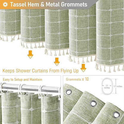 BTTN Stall Shower Curtain - 60x84 Long Boho Farmhouse Linen Weighted Fabric Cloth Shower Curtain Set with 10 Plastic Hooks, Narrow Bohemian Country Decorative Shower Curtains for Bathroom - Sage Green