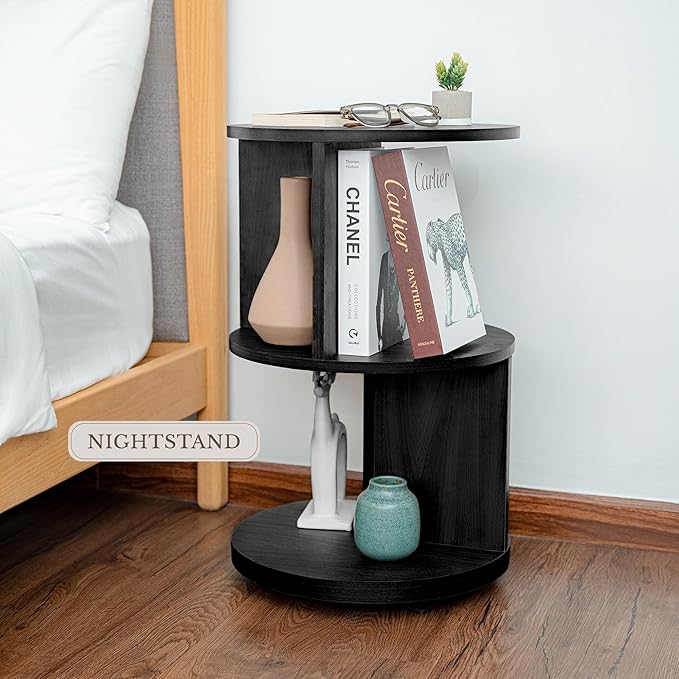 KAYMILY Round End Tables, Mid Century Modern 3 Tier Side Table for Living Room, Bedroom, Office, 25" Tall Accent Nightstand with Open Storage Shelves, Easy Assembly, MDF Wood - Stationary - Black