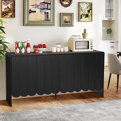 ORRD Sideboard Buffet Cabinet, Accent Storage Cabinets with 4 Doors, Farmhouse Wood Cabinet with Adjustable Shelves and Wave Panel for Living Room, Dining Room, Entry - Black