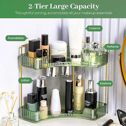 Aveniee Corner Bathroom Counter Organizer, Bathroom Countertop Shelf Makeup Organizer for Vanity Perfume Corner Storage (2 Tiers, Green)