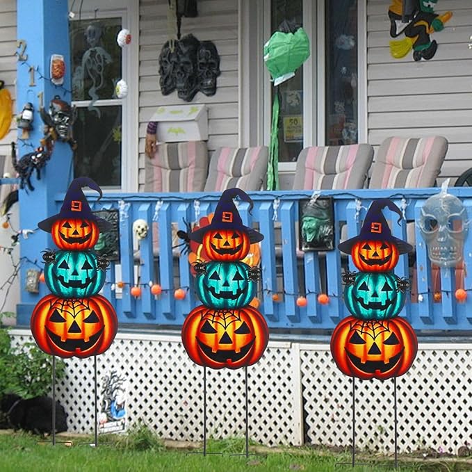 Halloween Yard Stakes Large 39.3" with Stackable Pumpkins and Scary Spiders, Metal Halloween Yard Decorations for Garden, Lawn, Patio, Outdoor Decor with Witch Hat