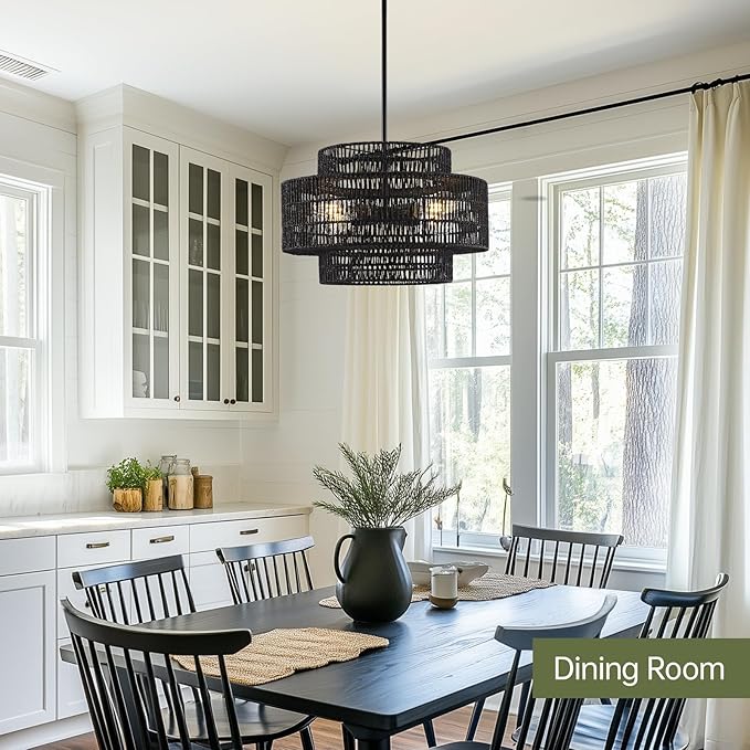4-Light Black Boho Rattan Chandelier Light Fixture, 17.7” Hand Woven Rustic Chandeliers Farmhouse Chandelier Hanging Light for Dining Room Kitchen Island, Living Room, Foyer