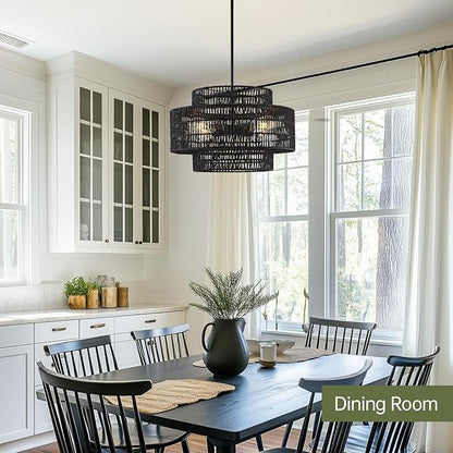 4-Light Black Boho Rattan Chandelier Light Fixture, 17.7” Hand Woven Rustic Chandeliers Farmhouse Chandelier Hanging Light for Dining Room Kitchen Island, Living Room, Foyer