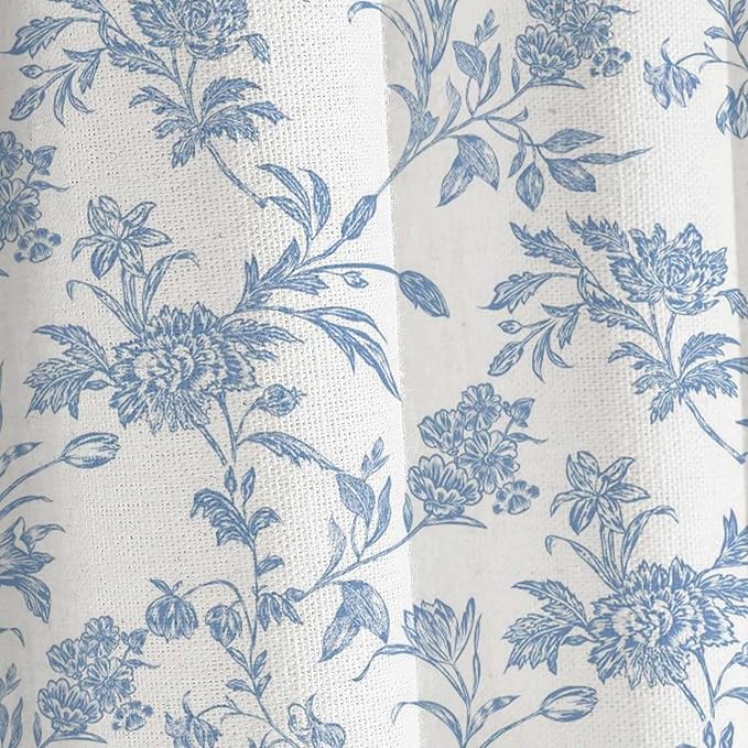 Extra Long Shower Curtain Blue Floral Cotton Cottagecore Shower Curtain for Bathroom 72" W x 84" L