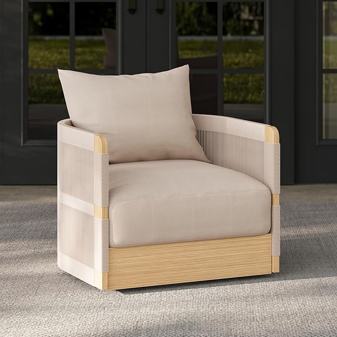 homary Outdoor Hand-Woven Rope Swivel Chair, 360 Degree Swivel Patio Chair, Hand-Woven Rope Outdoor Chair with Rainproof Cushion and Aluminum Frame for Garden, Balcony, Indoor, Khaki