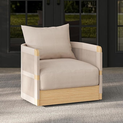 homary Outdoor Hand-Woven Rope Swivel Chair, 360 Degree Swivel Patio Chair, Hand-Woven Rope Outdoor Chair with Rainproof Cushion and Aluminum Frame for Garden, Balcony, Indoor, Khaki
