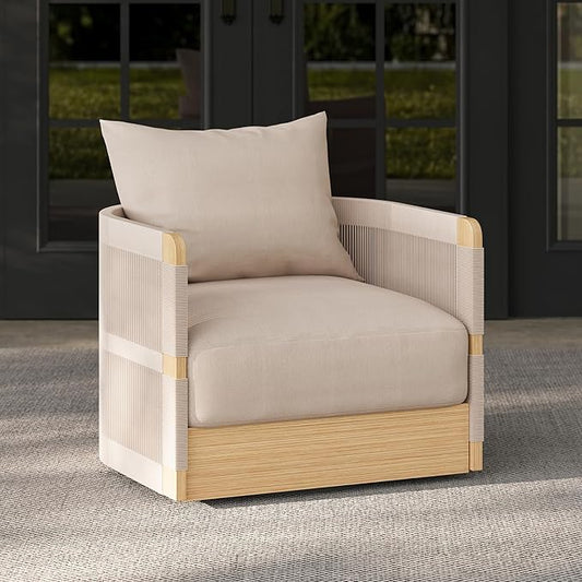 homary Outdoor Hand-Woven Rope Swivel Chair, 360 Degree Swivel Patio Chair, Hand-Woven Rope Outdoor Chair with Rainproof Cushion and Aluminum Frame for Garden, Balcony, Indoor, Khaki