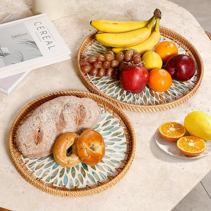 Round Rattan Tray with Mother of Pearl Inlay & Wooden Base - Decorative Wicker Serving Tray for Coffee/Bread/Fruits, Food Storage & Display - Multipurpose Home Decor (L,Colorful Leaves)