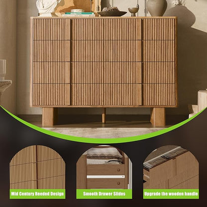 Fluted Dresser for Bedroom with 8 Drawers, 47" Wide Modern Chest of Drawers with Wooden Handle, Wooden Dresser TV Stand, Wood Closet Clothes Storage Organizer for Living Room, Hallway, Natural Oak