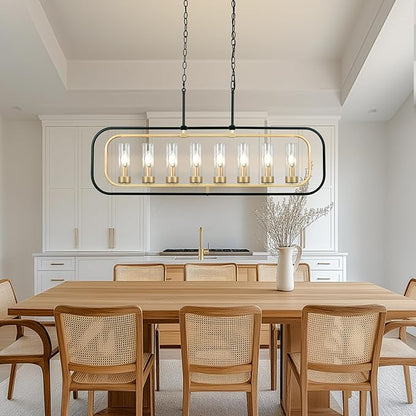 Dining Room Light Fixture, 8 Lights Modern Farmhouse Chandelier Kitchen Island Lights Black and Gold Linear Chandeliers for Dining Room, 46" Large Pendant Lights with Clear Glass