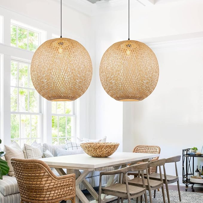 Arturesthome Bamboo Pendant Lighting Fixtures, Round Wicker Chandelier Hand-Woven Boho Basket Lampshade Hanging Ceiling Light for Kitchen Island Living Room