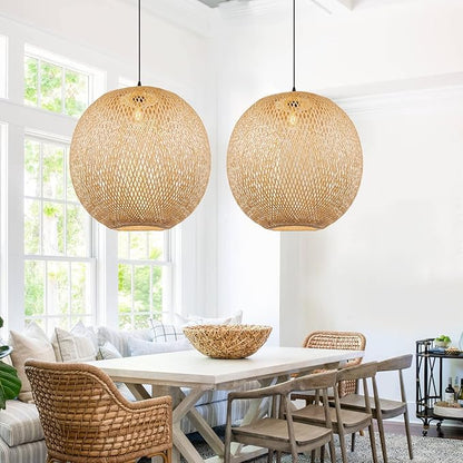 Arturesthome Bamboo Pendant Lighting Fixtures, Round Wicker Chandelier Hand-Woven Boho Basket Lampshade Hanging Ceiling Light for Kitchen Island Living Room