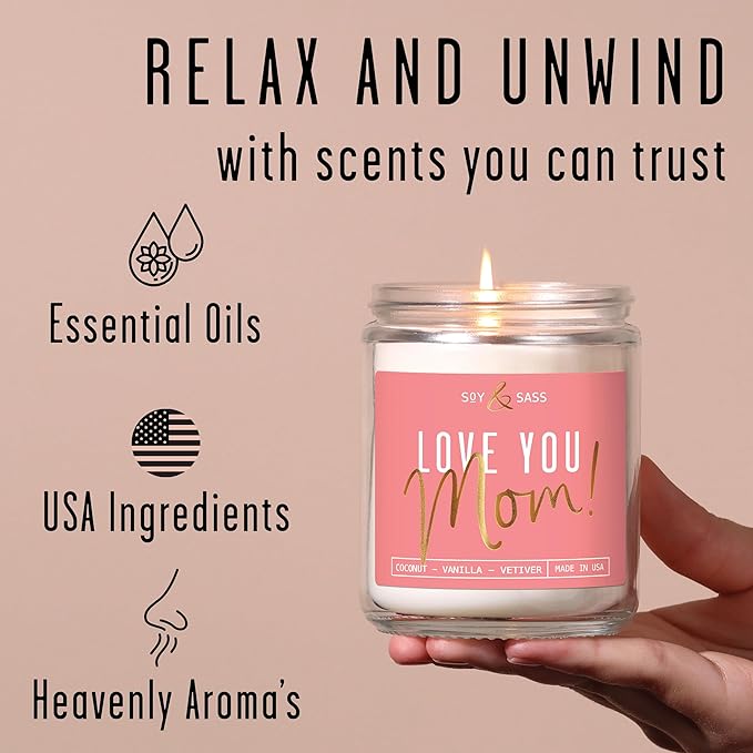 Gifts for Mom, Mom Birthday Gifts, Mothers Day Gifts for Mom - 'Love Mom' Soy Candle, w/Coconut & Vanilla I Birthday Gifts for Mom Gifts from Daugher or Son I 50Hr Burn, USA Made