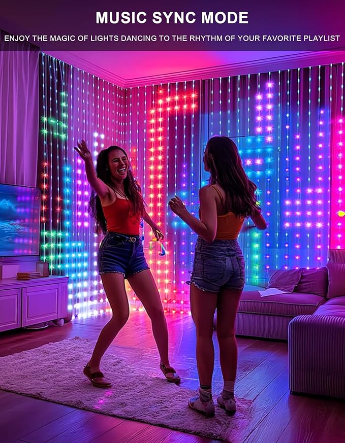 Dazzle Bright Smart Curtain Lights, 400 LED 6.6FT x 6.6FT Color Changing Halloween Christmas Lights with Remote & APP, Dynamic DIY Fairy Hanging String Lights for Indoor Outdoor Bedroom Decorations