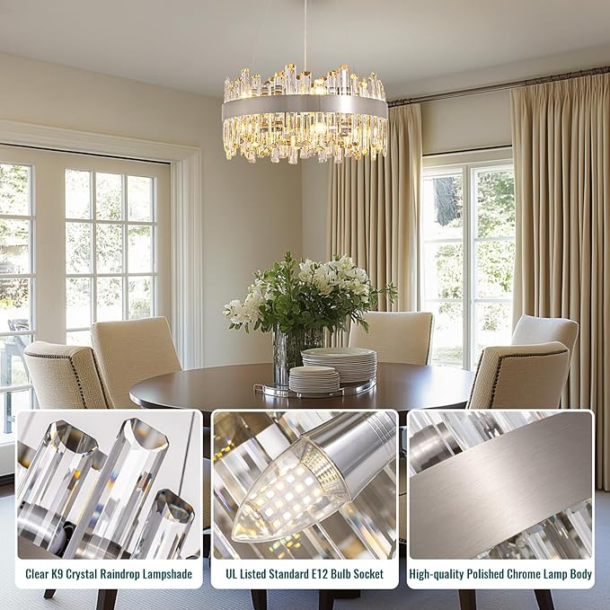 Siljoy 19.7'' Modern Crystal Chandelier for Dining Room, Luxury 2-Tiers K9 Crystal Raindrop Chandelier Flush Mount Dimmable Pendant Ceiling Light for Living Room Kitchen Island E12x12, Brushed Nickel