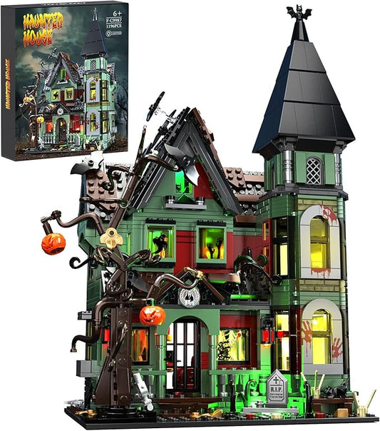 iATOM Haunted House Building Set with Lights, Halloween Mansion Building Toy Compatible with Lego for Adults, Horror Village Town Architecture Include Pumpkin Skeleton Spooky Bat Cat, F-C9987