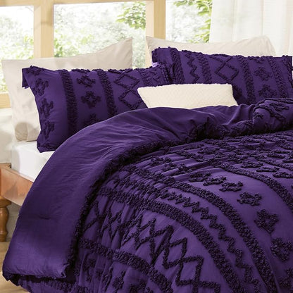 Bedsure Tufted Boho Comforter Set King Size - Purple Boho Bed Set, GentleSoft™ 3 Pieces Farmhouse Shabby Chic Embroidery Bedding, Gifts for Woman, Soft Jacquard King Comforter for All Seasons