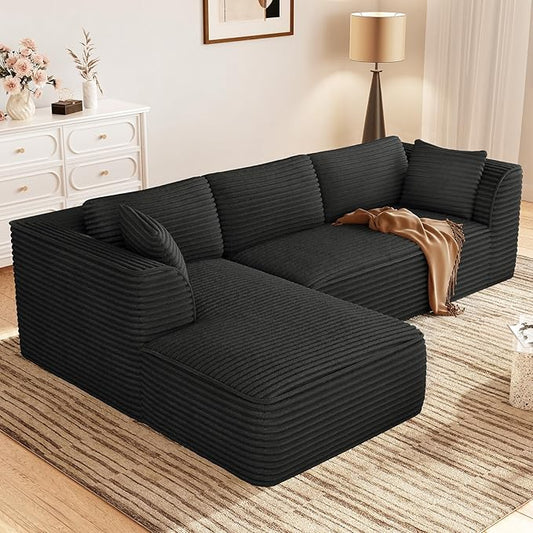 Vesgantti 106" Boneless Couch with Chaise, Deep Seat Comfy Cloud Modular Sofa Corduroy Sectional Couches for Living Room Bedroom, No Assembly Required (Black, Left-Facing Chaise)