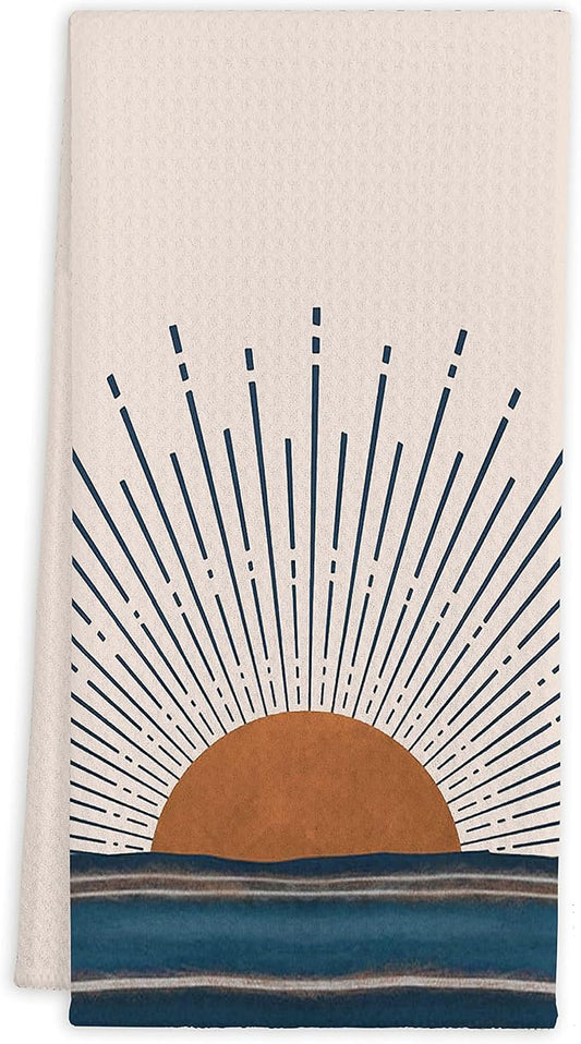 QIYUHOY Abstract Sun Sunshine Blue Sea Wave Kitchen Towels Tea Towels 16x24 Cotton Dish Towels for Farmhouse Decor