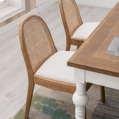 Upholstered Wooden Dining Chairs Set of 2, Farmhouse Kitchen & Dining Room Chairs with Cane Back, Accent Rattan Dining Table Chairs Sherpa Seat for Kitchen/Restaurant/Living Room, White