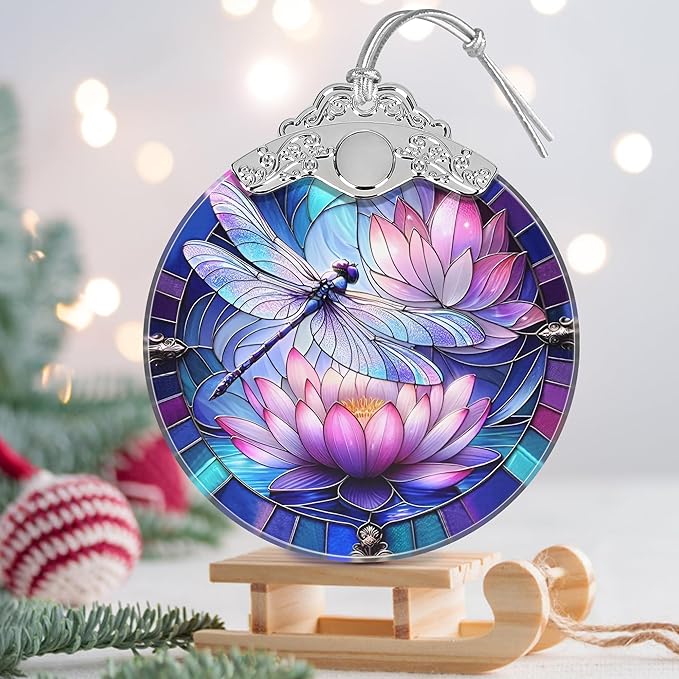 Stained Glass Dragonfly on Lotus Flower Ornament - Christmas Tree Decor Idea