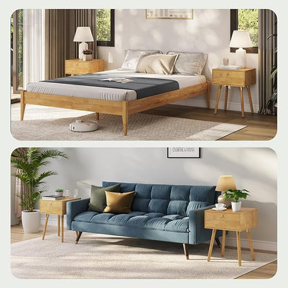 Bme Alden Wood Nightstand, Solid Wood End Table, Mid Century Modern Nightstand, Side Table with 1 Drawer, Compact for Bedroom, Living Room & Study Room, Easy Assembly, Light Natural