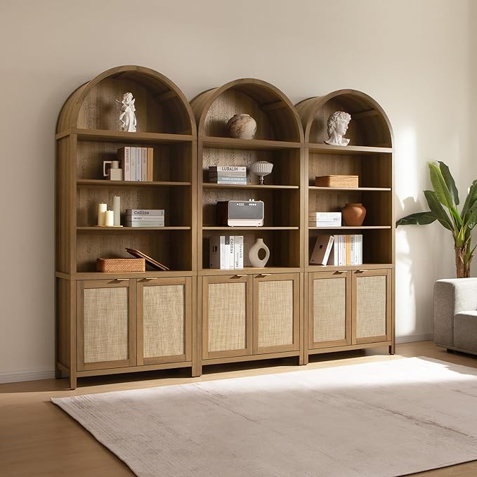 SICOTAS Book Shelf Arched Cabinet Bookshelf Arch 84.2" Tall Bookcase 5 Tier Large Bookshelves with Doors Storage Rattan Boho Wide Book Shelves Case for Living Room Kitchen Office Bedroom Library