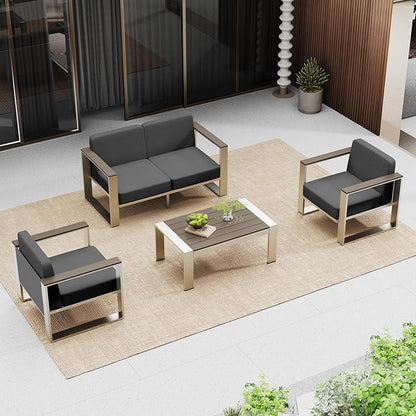 Outdoor Furniture Set, 4 Piece Aluminum Patio Furniture Set with Table, Wide Outdoor Chair and Thick Cushions, Outdoor Patio Conversation Sets, Porch (Darkgray)