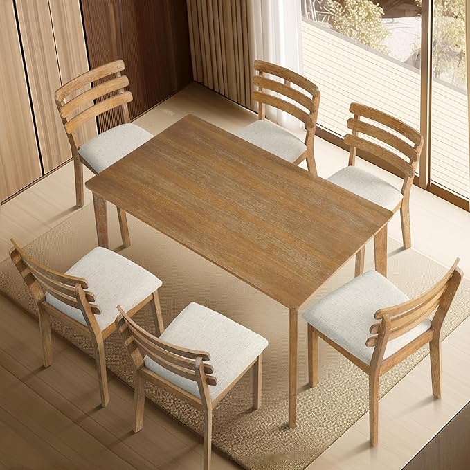 Modern Dining Table Set for 4, Wooden Farmhouse Dining Roon Table and Solid Wood Chairs, 7-Piece Dining Set for Home, Kitchen, Dining Room, 6 Upholstered Chairs, Solid Wood Legs
