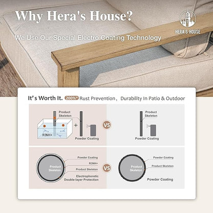 HERA'S HOUSE Patio Furniture Set 5-Piece, Metal Outdoor Conversation Set with Wood Grain Finish, 2 x Swivel Chair, 1 x 3-Seat Outdoor Chair, 2 x Multi-Functional Table for Garden Deck Backyard