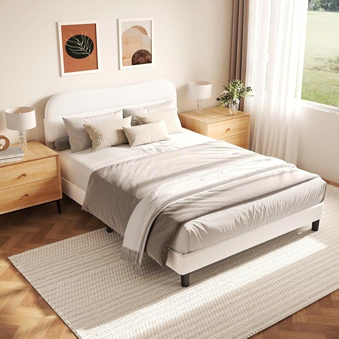 Queen Size Bed Frame with Headboard, upholstered Bed Frame Queen Size, Teddy Soft Boucle Fabric, Soft Cloud Marshmallow Shape Headboard, No Box Spring Needed, Noise Free (White)