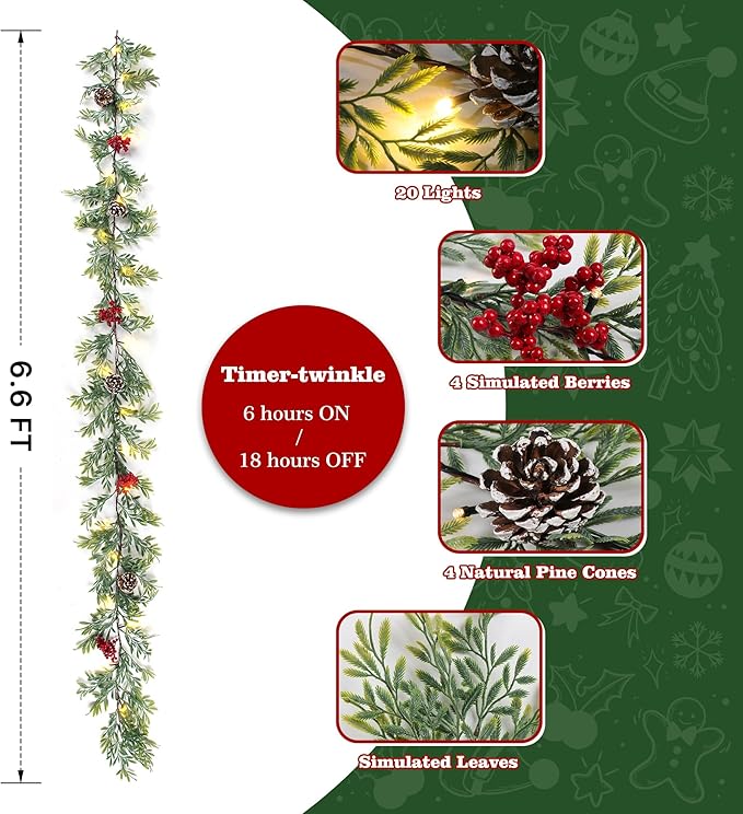 6 FT Artificial Christmas Garland, Faux Cypress Leaf Evergreen Garland with 20 LED Lights, Red Berries and Pinecones, Green-Yellow Leaves, Timer, Perfect for Indoor Outdoor Window Mantel