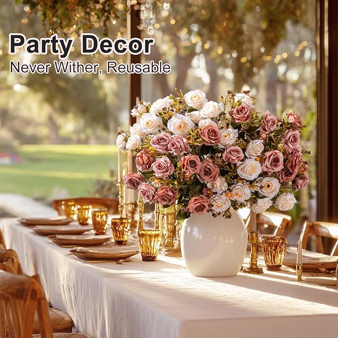 Artificial Flowers for Outdoor 4 Bundles Rose Bouquet with Daisy Faux Flowers UV Resistant for Home Indoor Outside Garden Porch Window Box Balcony Yard Porch Decor (White+Brown)