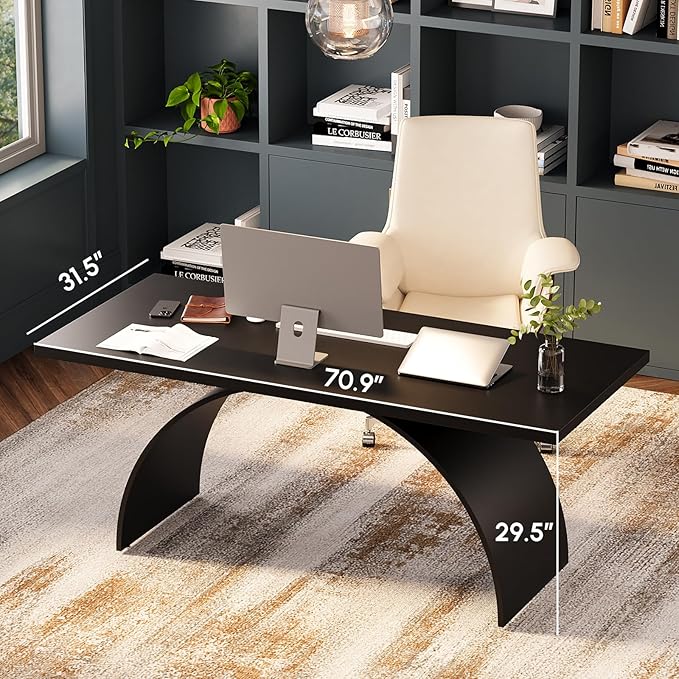 homary 70.9" Industrial Executive Desk, Black Top Desk Modern Home Office Desk with Arched Design Legs for Study, Office, Home Office