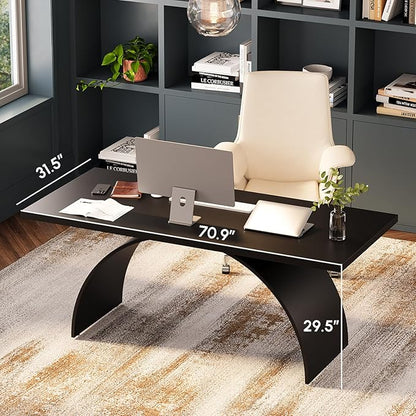 homary 70.9" Industrial Executive Desk, Black Top Desk Modern Home Office Desk with Arched Design Legs for Study, Office, Home Office