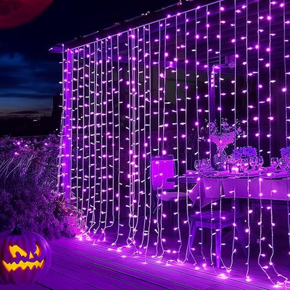 Dazzle Bright 300 LED Christmas Curtain String Lights, Halloween Fairy Lights for Bedroom with 8 Lighting Modes, Waterproof Window Light Party Wedding Garden Wall Decor, Purple