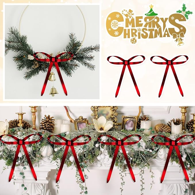 20 Pcs Christmas Metal Bow Ornaments with Clip, 5 x 6 Inch Christmas Bows Door Garland Decor Vintage Wreath Bow for Tree, Wreath, Gift Wrapping (20, Red)
