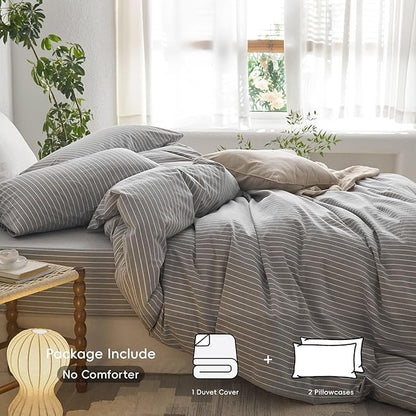 MooMee Striped Duvet Cover Set 100% Washed Cotton Linen Like Textured Breathable Durable Soft Comfy (Light Grey White Wide Stripes, Super King Plus 120"x120")