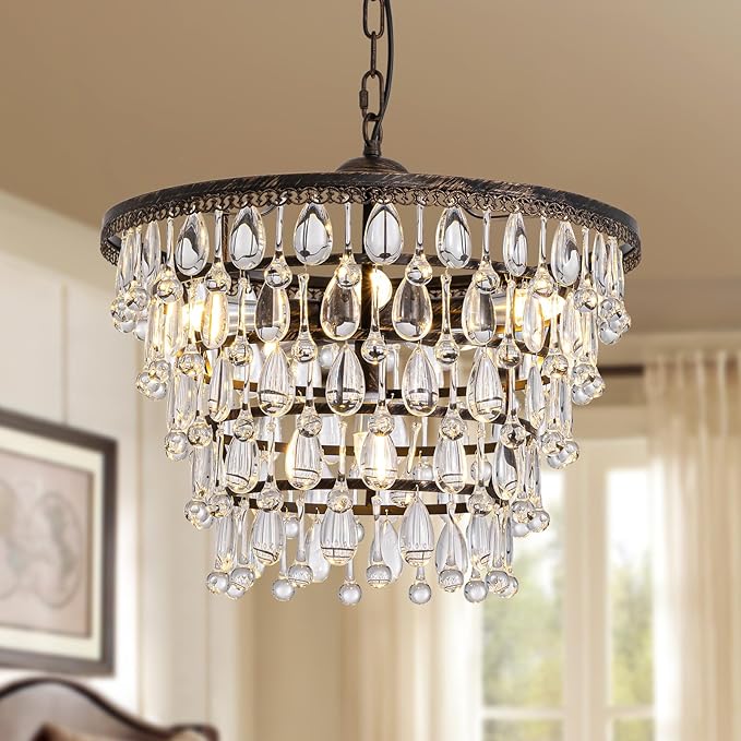 Vintage Crystal Chandeliers for Dining Room Light Fixture, 6-Light 5-Tier Antique Bronze Chandelier for Kitchen Island Bar Living Room Foyer Entryway, D20 xH17