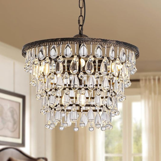 Vintage Crystal Chandeliers for Dining Room Light Fixture, 6-Light 5-Tier Antique Bronze Chandelier for Kitchen Island Bar Living Room Foyer Entryway, D20 xH17