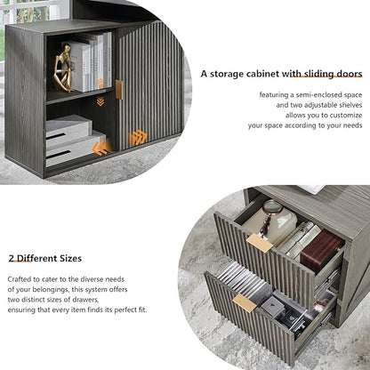 JXQTLINGMU 67" Modern L Shaped Desk with Storage Cabinet & Drawers, Wood Home Office Desk with Power Outlets, Fluted Computer Writing Desk, Grayish Green