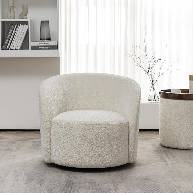 KINWELL 34" W Mid Century Modern Swivel Barrel Chair, Round Upholstered Boucle Swivel Accent Chairs, No Assembly Chair for Living Room Bedroom Reading Apartment Lounge Nursery(Cream)